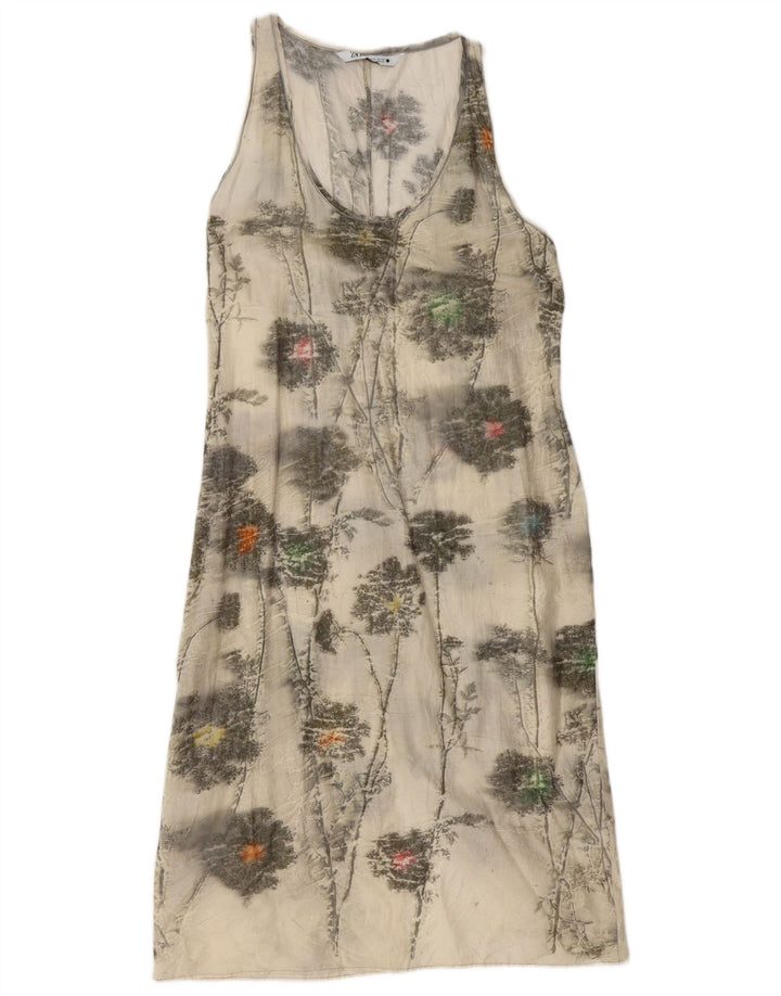 Zara Dame Ærmeløs Basic Kjole UK 12 Medium Off White Blomsterbomuld