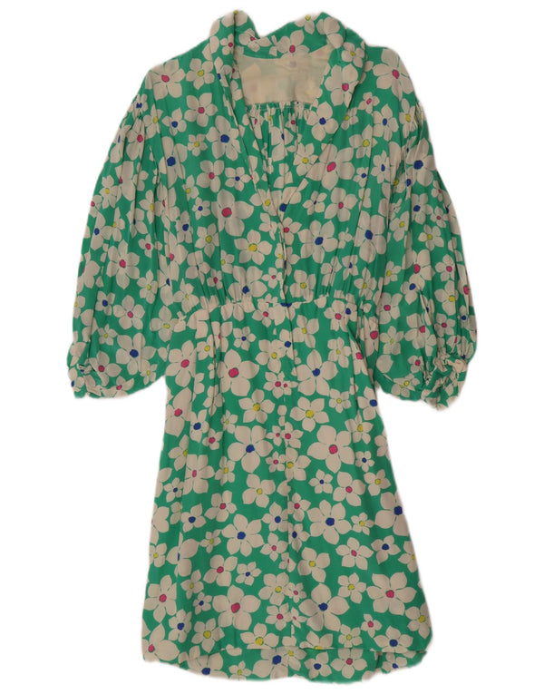 Vintage kvinders 3/4 ærmer A-line kjole UK 4 XS Grøn blomster