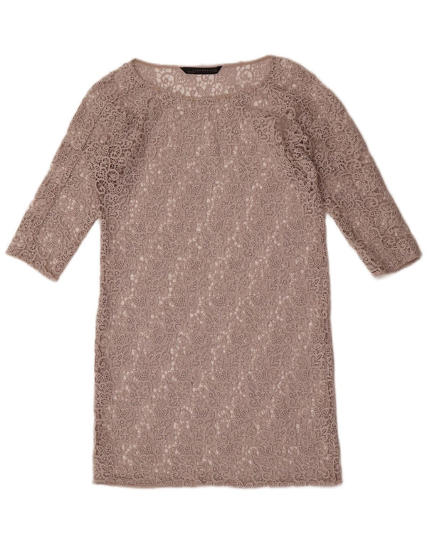 Zara Womens Oversized 3/4 Sleeve Lace Shift Dress UK 10 Small Grey Floral