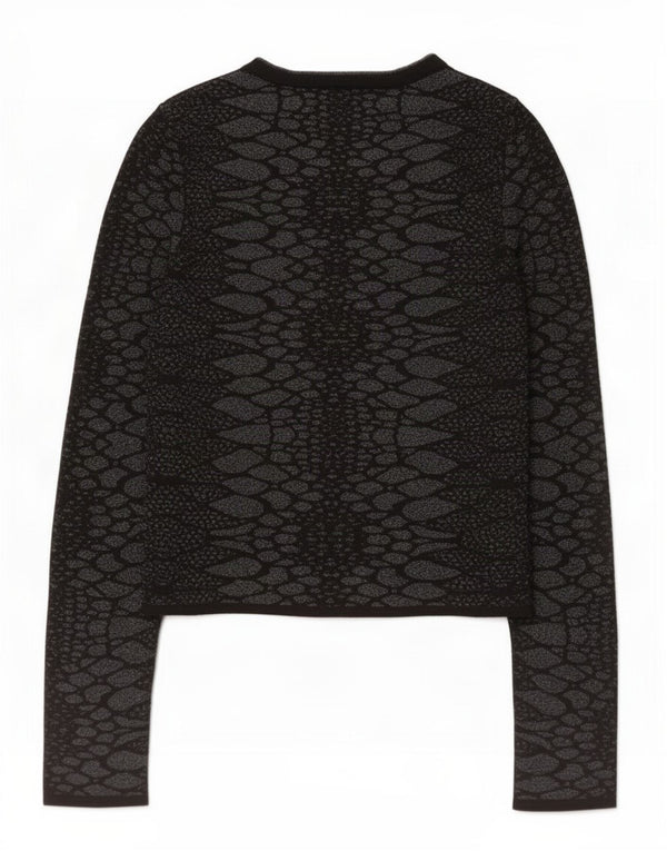 Zara Womens Crop Boat Neck Jumper Sweater UK 8 Small Black Animal Print