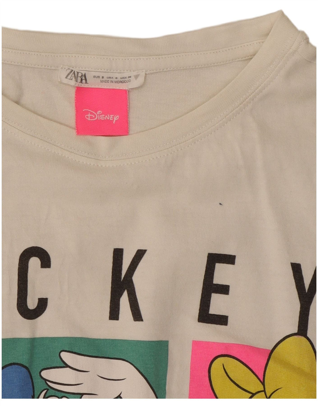 Zara Dame Mickey Mouse Grafisk T-Shirt Top UK 10 Small White Bomuld