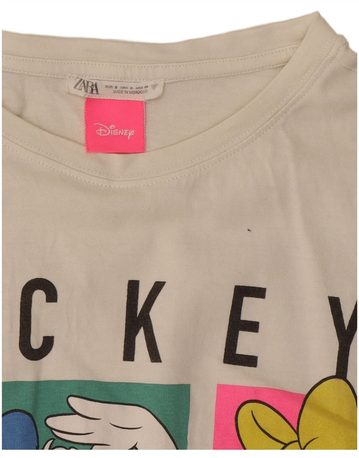 Zara Dame Mickey Mouse Grafisk T-Shirt Top UK 10 Small White Bomuld