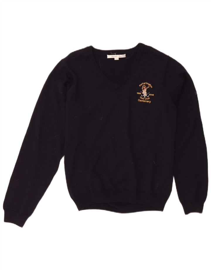 KARTEL Womens V-Neck Jumper Sweater UK 14 Large Navy Blue Wool