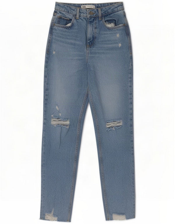 Zara Womens Distressed Tapered Jeans EU 34 2XS W24 L26 Blue Cotton