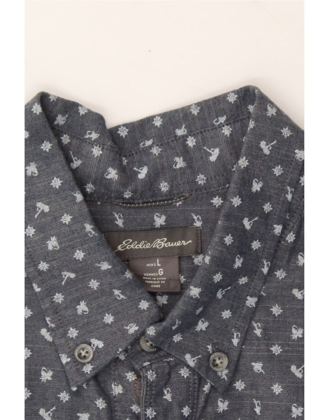 EDDIE BAUER Mens Abstract Pattern Short Sleeve Shirt Large Navy Blue Vintage Eddie Bauer and Second-Hand Eddie Bauer from Messina Hembry 