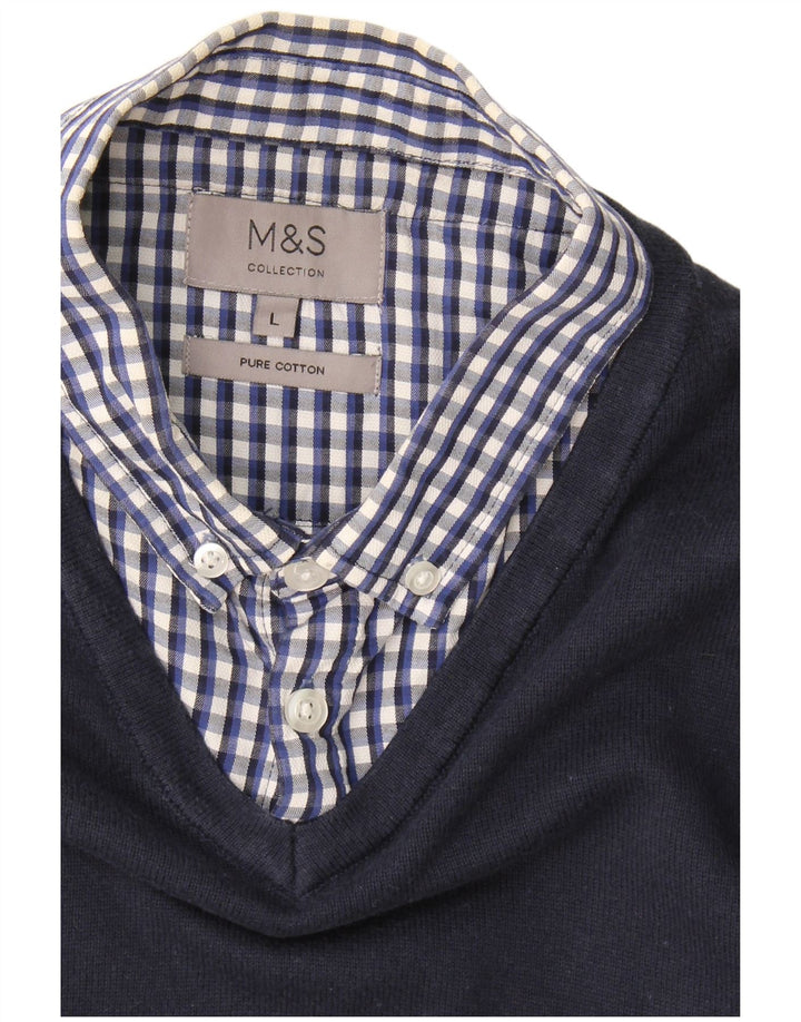 Marks & Spencer Herre Polo Neck Jumper Sweater Large Navy Blue Gingham