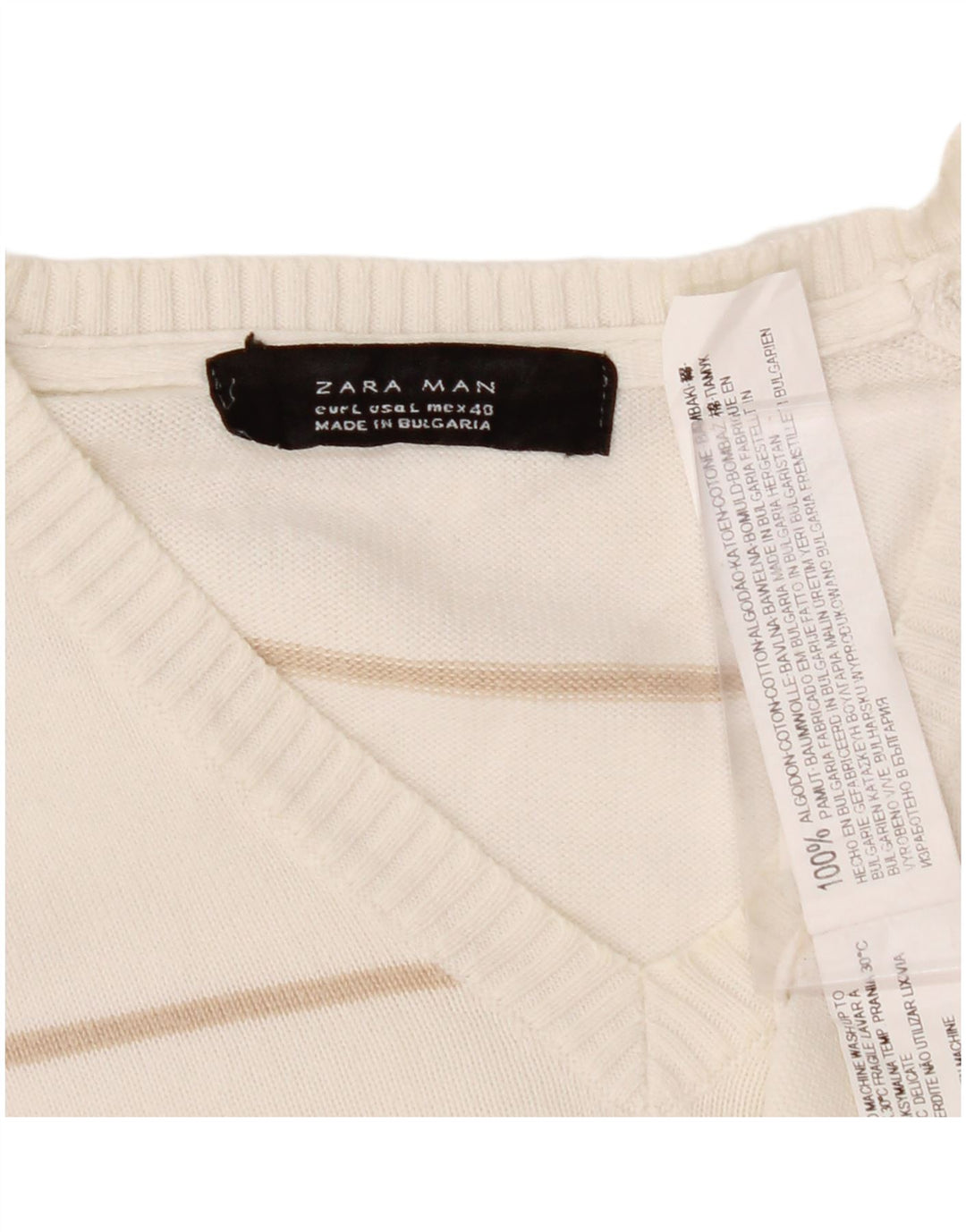 ZARA Mens V-Neck Jumper Sweater Large White Striped Cotton