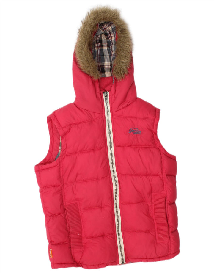 Superdry Dame hætte polstret Gilet UK 14 Medium Pink Nylon