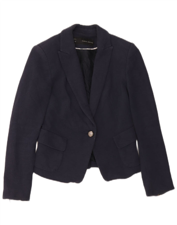 Zara Dame 1 Knap Blazer Jakke UK 6 XS Marineblå Bomuld