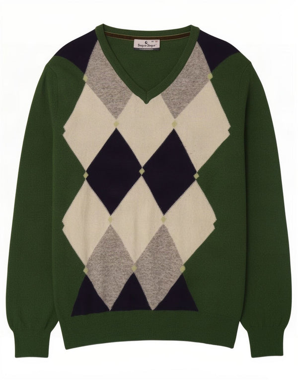 Senza Senso Mens V-Neck Jumper Sweater Large Green Argyle/Diamond Wool