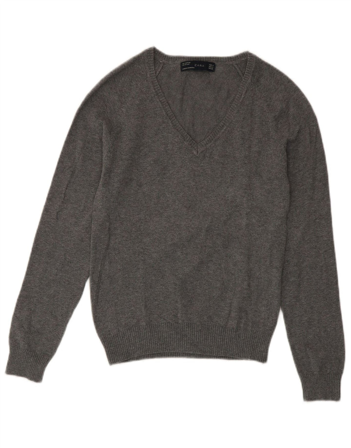 Zara Dame V-hals sweater UK 12 Medium Grå Bomuld