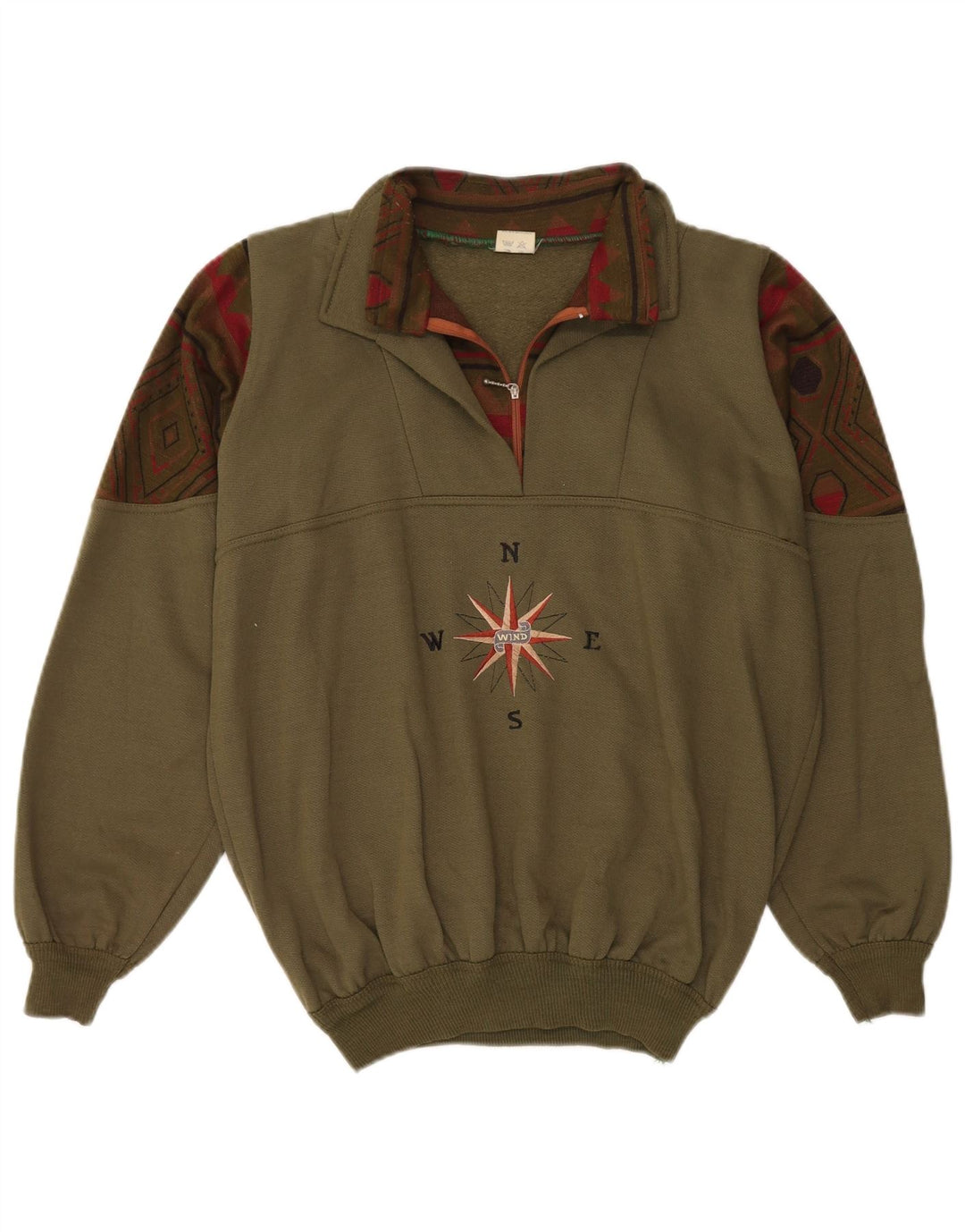 Vintage herre grafisk lynlås-hals sweatshirt jumper stor kaki geometrisk