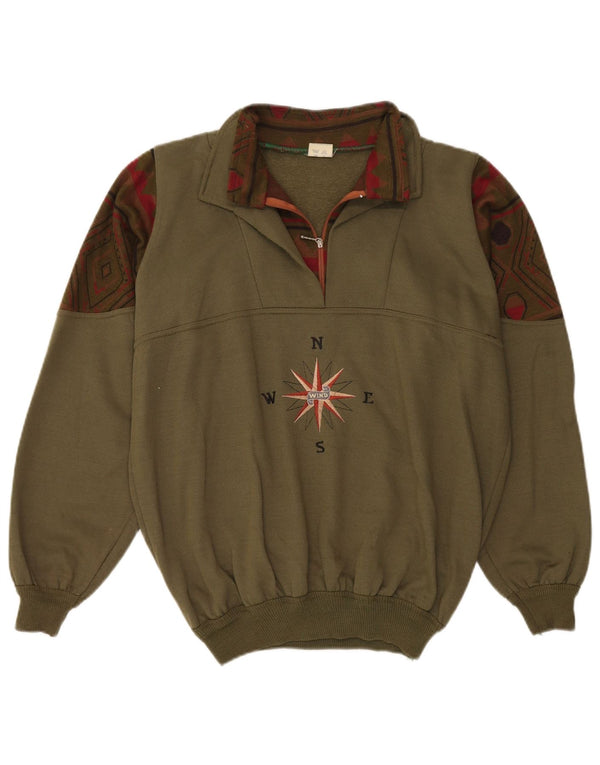 Vintage Mens Graphic Zip Neck Sweatshirt Jumper Large Khaki Geometric