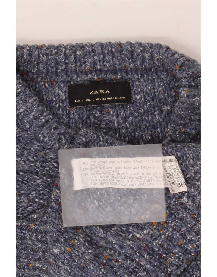Zara Herre Crew Neck Jumper Sweater Large Navy Blue Flecked Acryl
