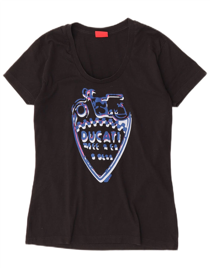 Ducati Dame Grafisk T-Shirt Top UK 12 Medium Sort Bomuld