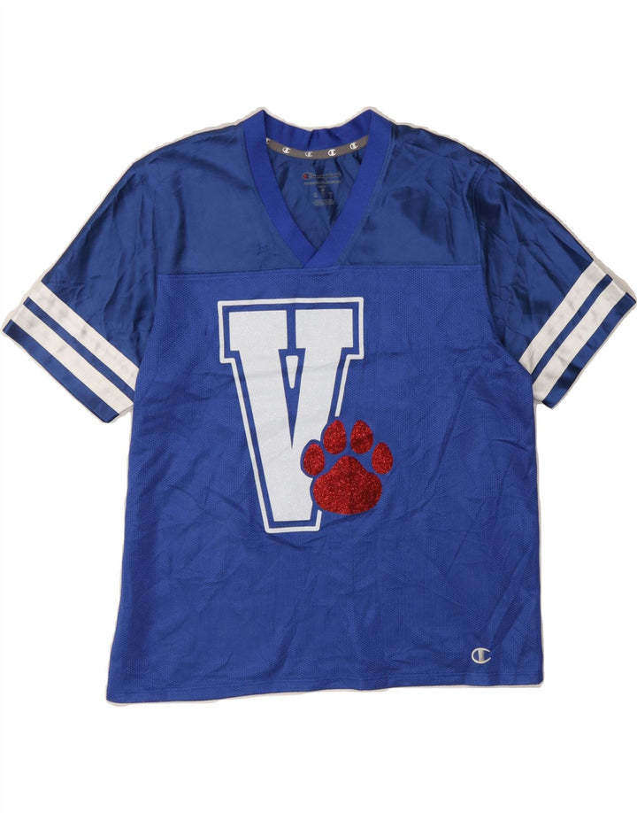 CHAMPION Womens Graphic T-Shirt Top UK 14 Medium Blue Polyester Vintage Champion and Second-Hand Champion from Messina Hembry 