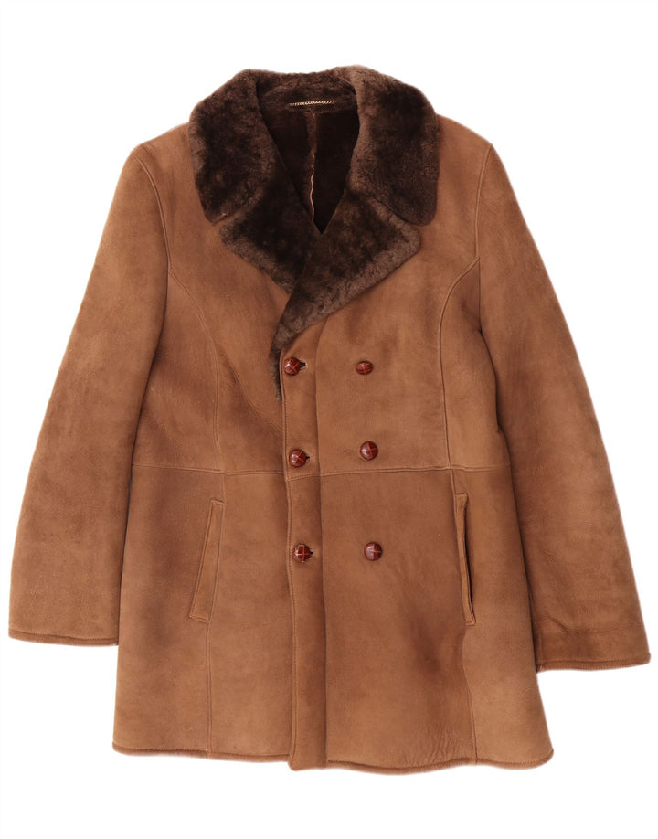Fibok Herre Shearling Double Breasted Coat UK 38 Medium Brown