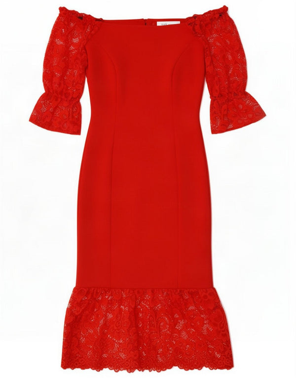 Vintage Womens Off Shoulder Dress UK 6 XS Red Polyester