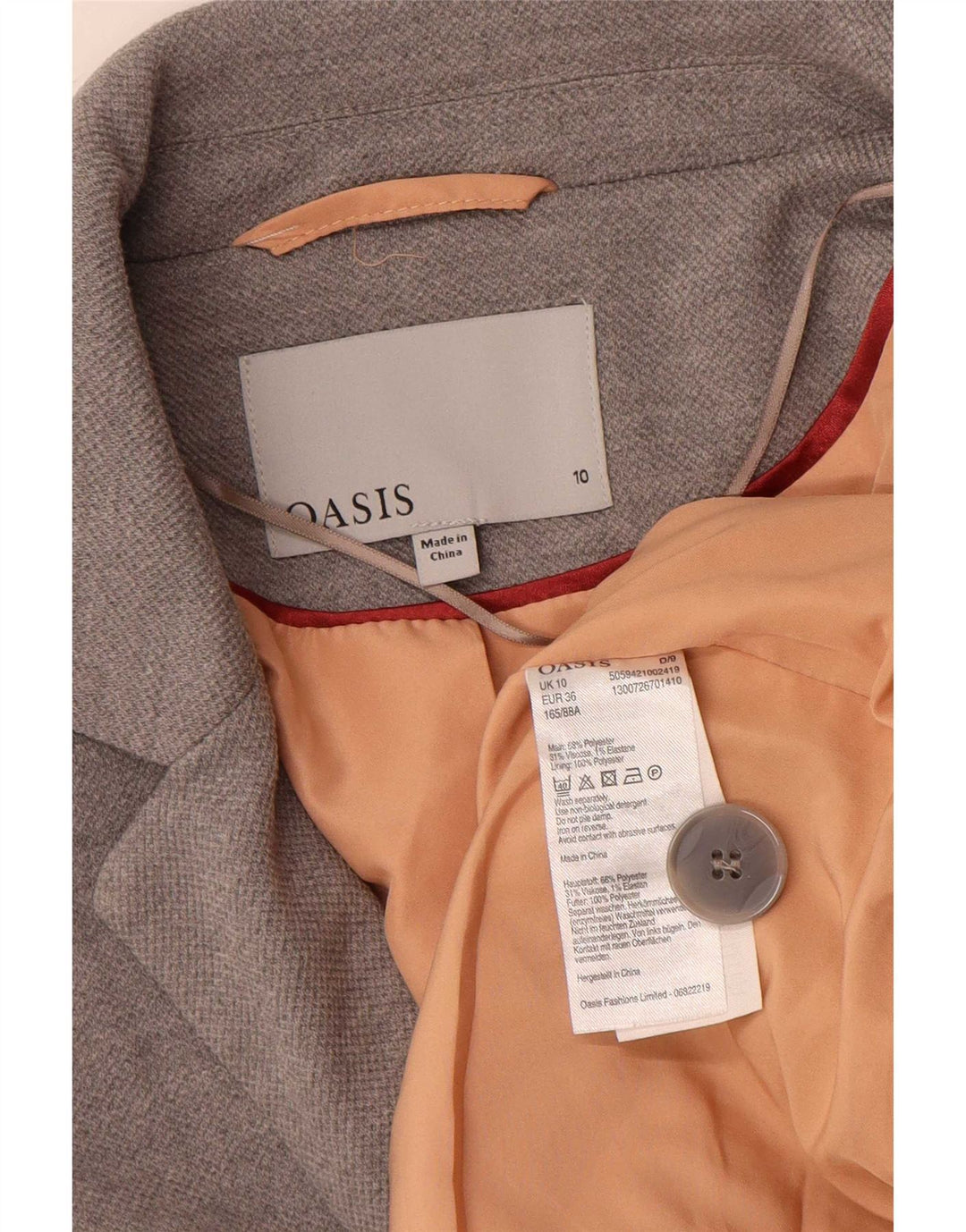 Oasis Dame Loose Fit 1 Knap Blazer Jacket UK 10 Small Grey Polyester