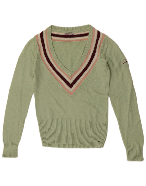 Tommy Hilfiger Dame V-hals sweater UK 6 XS Grøn Stribet Bomuld