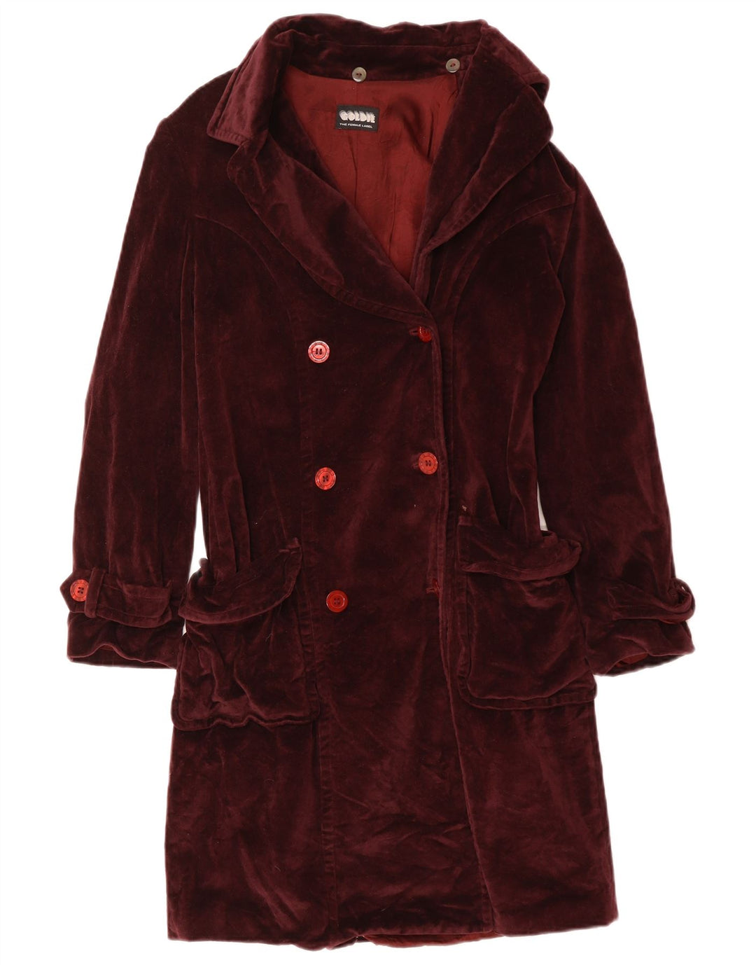 GOLDIE Womens Velvet Double Breasted Coat UK 12 Medium Burgundy