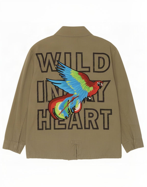 Zara Herre Graphic Bomber Jacket UK 36 Small Khaki Cotton