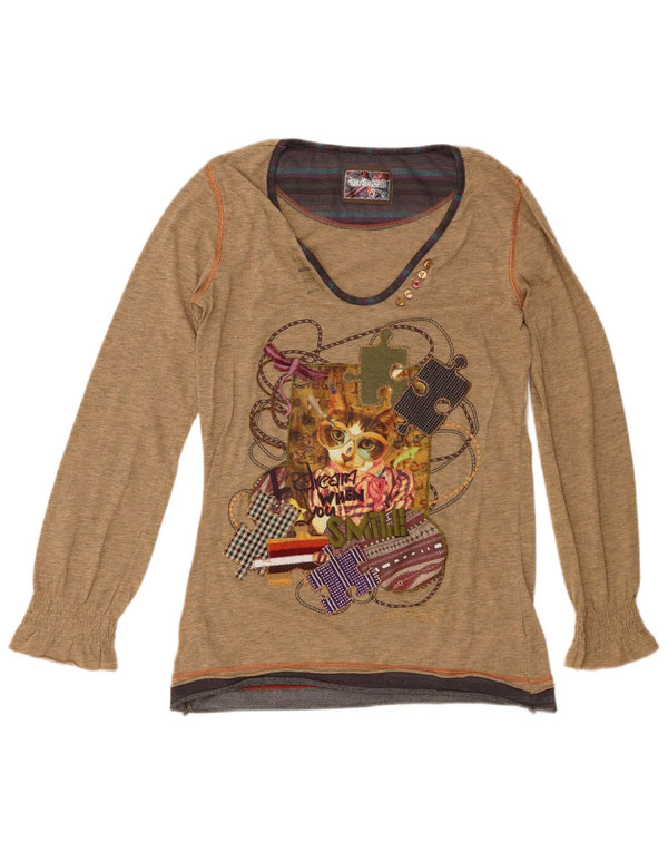 Desigual Dame Grafisk Top Langærmet UK 16 Stor Brun Bomuld