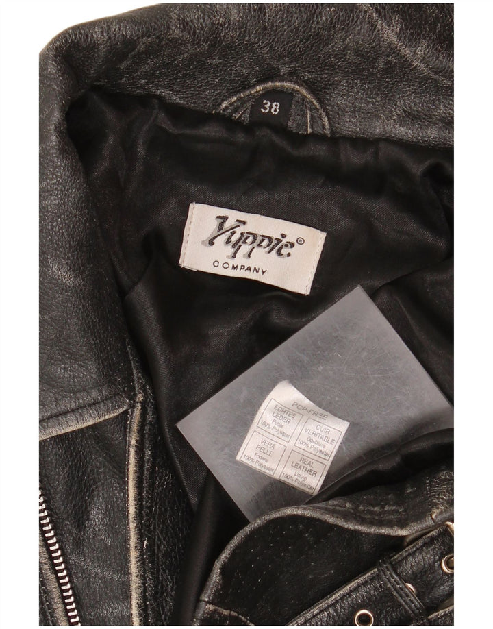 Yuppie Womens Crop Læder Biker Jacket EU 38 Medium Sort Læder