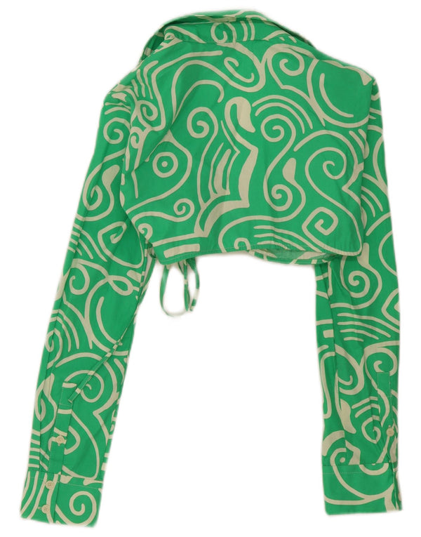 Zara Womens Wrap Langærmet Crop Top UK 6 XS Grøn Geometrisk Bomuld