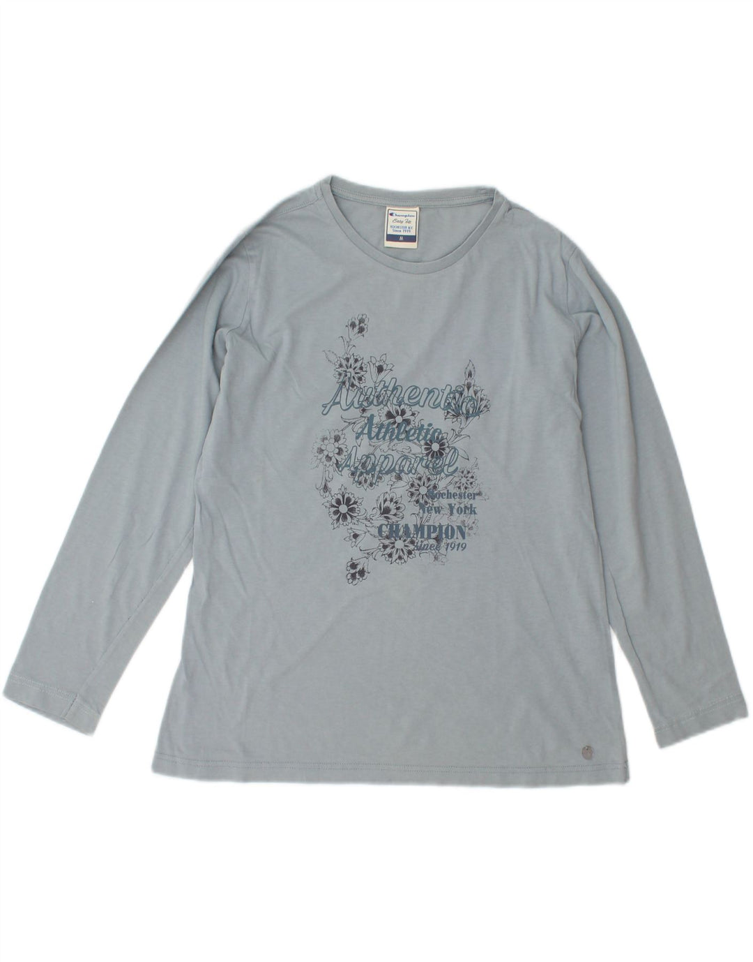 CHAMPION Womens Rochester Graphic Top Long Sleeve UK 14 Medium Blue Cotton
