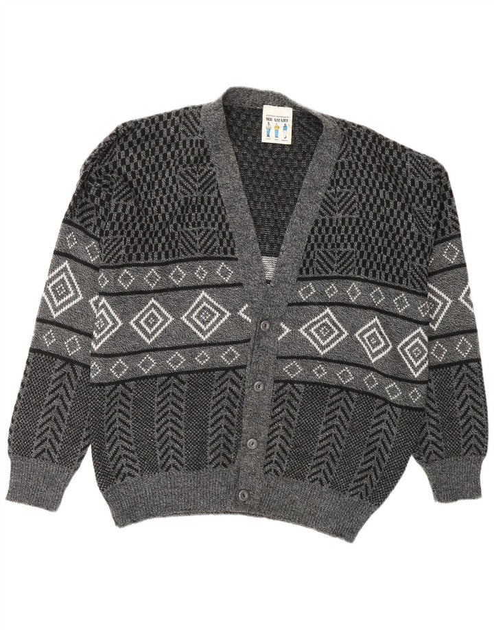 VINTAGE Mens Cardigan Sweater Large Grey Geometric Acrylic