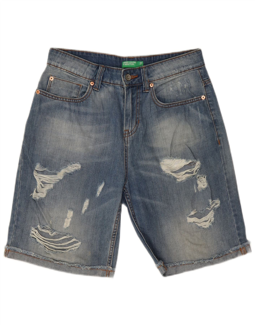 BENETTON Distressed denimshorts til kvinder W27 Små blå bomuld