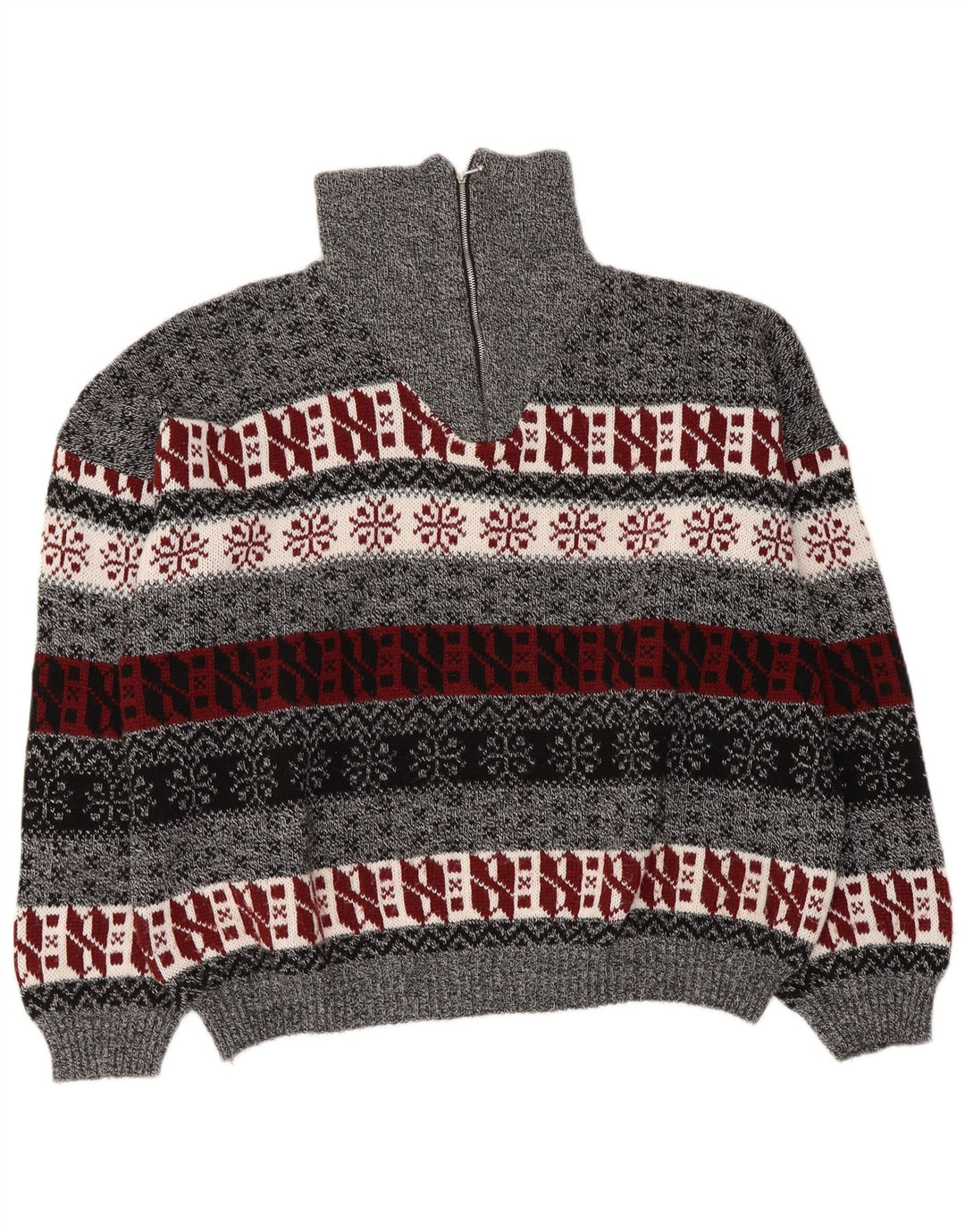 Vintage dame sweater med lynlås-hals UK 14 Medium Grey Fair Isle
