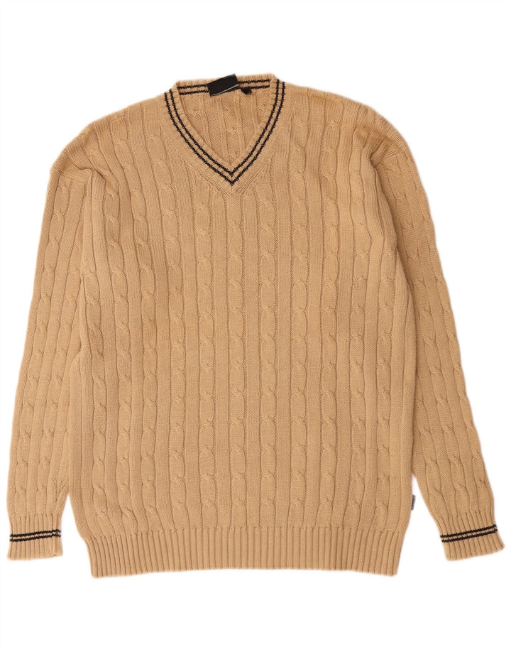 Vintage herre V-hals sweater stor beige bomuld