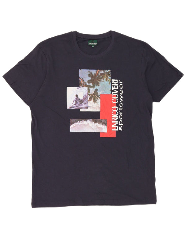 Enrico Coveri Herre grafisk T-shirt top XL marineblå bomuld
