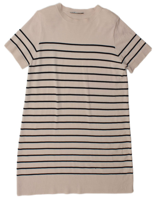 Zara Dame Kortærmede Jumper Kjole UK 16 Stor Beige Stribet Viscose