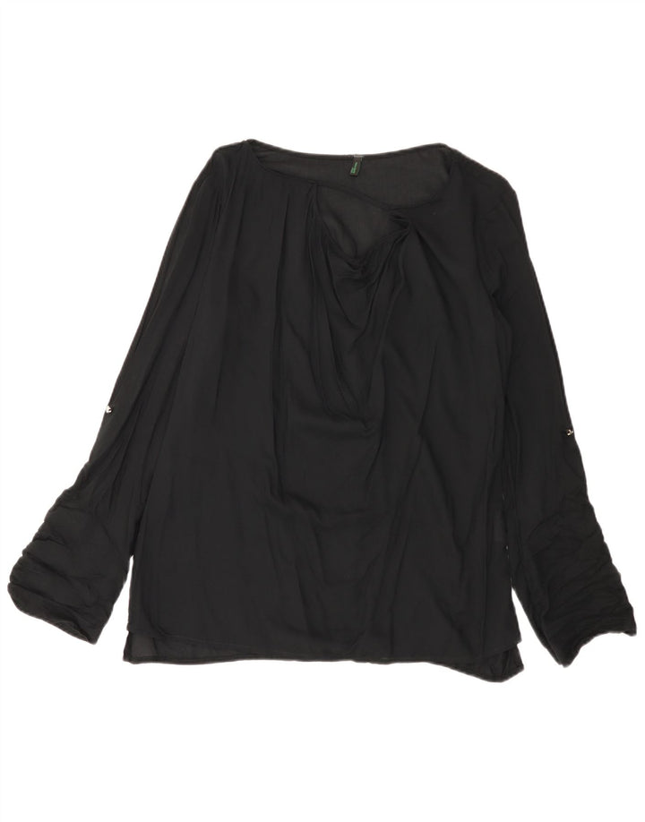 BENETTON Dame Langærmet Bluse Top UK 14 Medium Sort Viscose