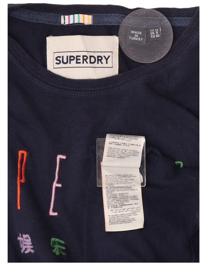 Superdry Grafisk T-shirt top til kvinder UK 12 Mellem marineblå bomuld