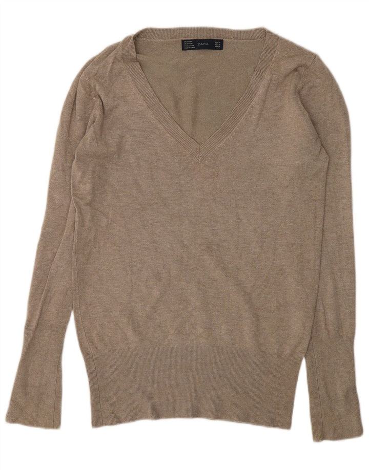 Zara Dame V-hals sweater UK 14 Medium Grey Rayon