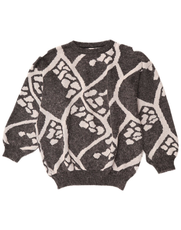 Vintage Dame Crew Neck Jumper Sweater UK 16 Stor Grå Geometrisk