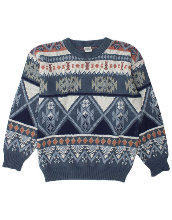 Vintage Herre Loose Fit Jumper Sweater med rund hals UK 34/36 XS Blue Fair Isle
