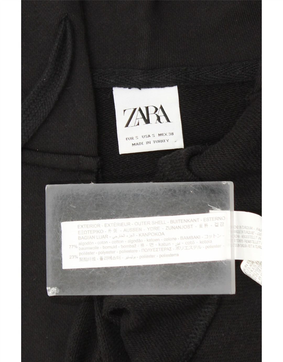 ZARA Dame Longline hættetrøje cardigan UK 10 Small Black Bomuld