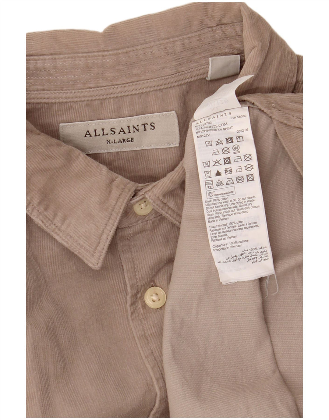 ALL SAINTS Herre fløjlsskjorte XL Beige Bomuld