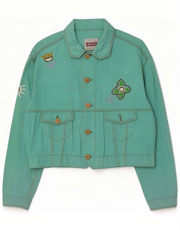 Sisley Dame Relaxed Fit denimjakke UK 14 Large Green Floral Retro