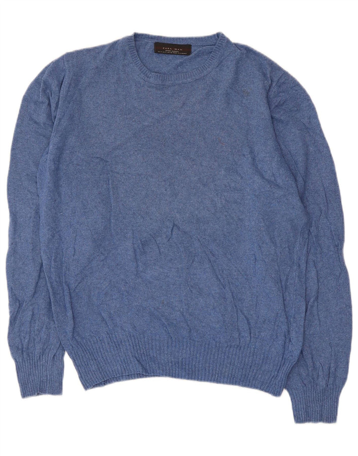Zara Herre sweater med rund hals, mellemblå