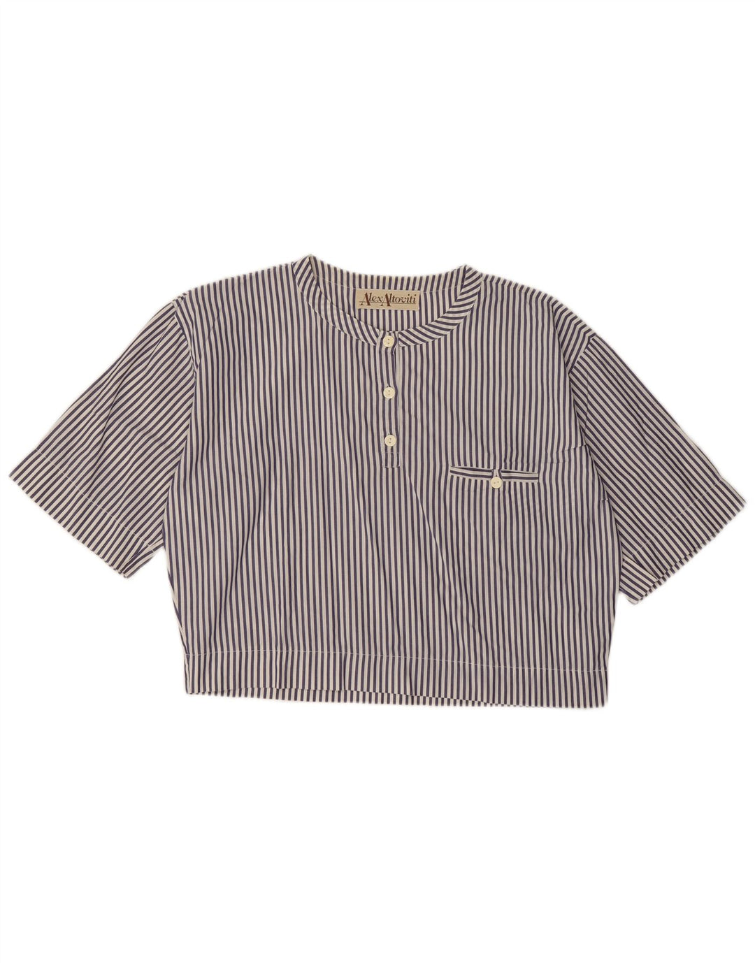 VINTAGE Womens Crop Bluse Top UK 14 Large Navy Blue Pinstripe