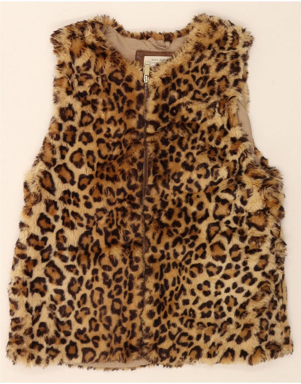 ZARA Girls Faux Fur Gilet 13-14 år Brun Animal Print Polyester