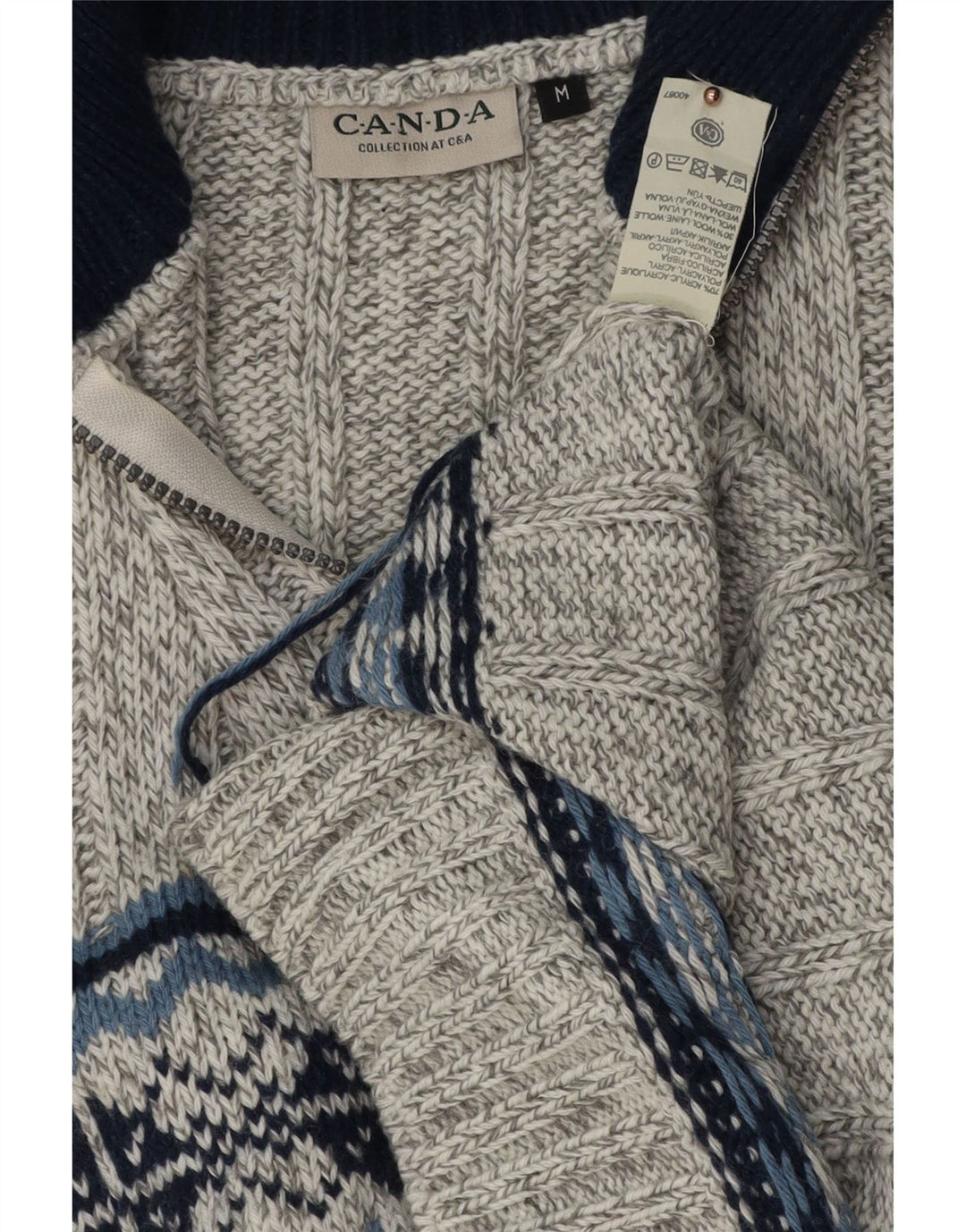 CANDA Mens Zip Neck Jumper Sweater Medium Grey Fair Isle Acrylic