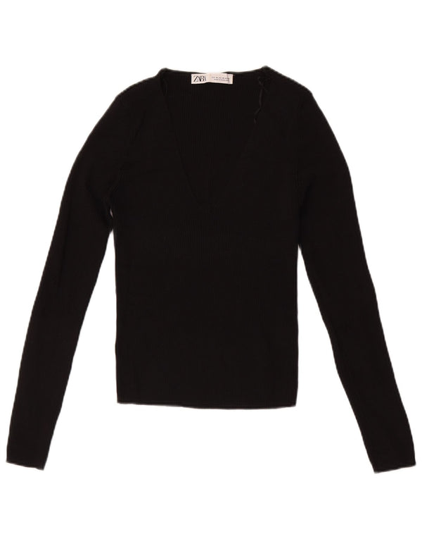 Zara Womens Crop Top Langærmet UK 12 Medium Black Viscose