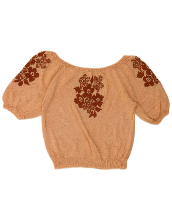Vintage Kvinder strik afskæring af skulder Top UK 14 Medium Pink Floral